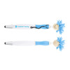 A stylus pen with a blue and white design featuring a mop top head and a smiling face, along with a branding logo.