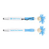 A pen stylus with a blue and white design, featuring a playful mop-top head and a logo on the barrel.