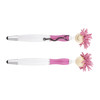 A pink and white pen with a stylus tip and a character head featuring fluffy pink hair. It has a logo on the side.