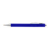 A blue plastic pen with a silver clip and tip, featuring a simple design and a logo on the barrel.