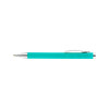 A turquoise plastic pen with a silver clip and tip, featuring a simple design and a logo.