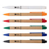 A collection of six pens in various colors: white, orange, red, green, blue, and black, with a cardboard design and logo.