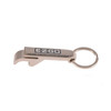A drink bottle opener keytag in silver with a keyring attachment, featuring a brand logo.