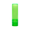 A green lip balm stick with a clear body and a twist-up mechanism. The label includes ingredient information.