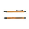 A bamboo pen and stylus in natural tones with grey accents, featuring a clip and a soft tip for touchscreen use.