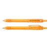 Two orange plastic pens are displayed, featuring a transparent design and one with a clip. Both have a logo.