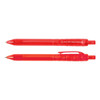Two red plastic pens, featuring a transparent design and a logo, packaged together.