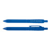 A blue pen, made from recycled PET plastic bottles, featuring a clip and a rounded tip. It has a logo.