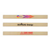 Three wooden carpenters' pencils in a natural finish with various logos printed in different colors.