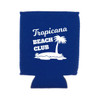 A blue stubby holder featuring a palm tree design and a logo. Ideal for keeping drinks cool.