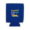 A blue stubby cooler featuring a logo with a palm tree and tropical island design.