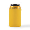 A drink bottle holder in vibrant yellow, designed to fit standard cans, featuring a logo.