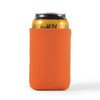 An orange stubby cooler for keeping drinks cold, featuring a can inside. It has a simple design and a logo.