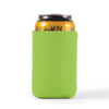 A bright green stubby holder designed to fit standard drink cans, featuring a logo.