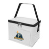 A white cooler bag with a zippered top and a black handle, featuring a logo.