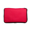 A red cooler bag with a zippered closure, designed for keeping items cool.