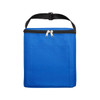A blue cooler bag features a zippered closure and a black handle for carrying. It includes a front pocket.