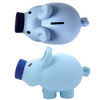 A pig-shaped coin bank featuring a soft blue color and a playful design, complete with a blue top hat.