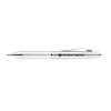 A silver metal pen with a textured grip and a clip, featuring a logo.