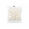 A clear cello bag filled with white jelly beans, showcasing their shiny, smooth surface.