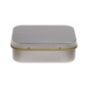 A silver rectangular tin designed for packaging pens, featuring a smooth finish and a hinged lid with a gold accent.