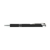 A black metal pen with a sleek design and silver accents, featuring a clip and branding.