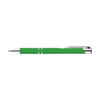 A metal pen in bright green with chrome accents and a sleek design. It features a branded logo.