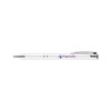 A metal pen in white with a shiny silver clip and a logo printed on the side.