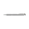 A metal pen in silver with a sleek design and a small branding logo.