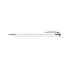 A metal pen in white with silver accents, featuring a clip and a sleek design. It has a logo present on the body.