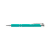 A metal pen in a vibrant turquoise colour with silver accents and a clip, featuring a logo.