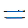 A blue metal pen with a black clip and tip. The design is sleek and modern, featuring a shiny finish.