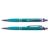 A metal pen in teal with chrome accents, featuring a textured grip and a clip for secure attachment.