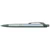 A metal pen with a sleek silver design and a textured grip.