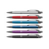 A collection of six metal pens in silver, red, blue, purple, and black, featuring different textures and a logo.