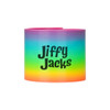 A brightly coloured rainbow spring toy featuring a gradient from pink to purple to green and yellow, with a logo.