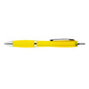 A yellow plastic pen with a transparent barrel and silver accents.