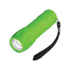 A green flashlight with a textured grip and a black wrist strap.