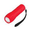 A red flashlight with a textured grip and a wrist strap.
