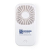 A white portable fan with a branded logo, featuring a circular grille design for airflow.