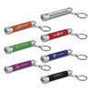 A collection of key ring torch products in various vibrant colours, featuring multiple logos on each item.