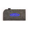 A grey felt case featuring a logo, designed for sunglasses and accessories.