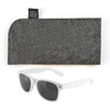 A pair of white sunglasses with gray lenses accompanied by a gray felt case.