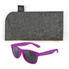 A pair of purple sunglasses with dark lenses and a gray felt case.