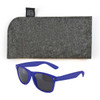 A pair of blue sunglasses accompanied by a gray protective case.