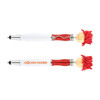 A stylus pen featuring a white barrel, red glittery top, and a playful design with a fuzzy, curly attachment.