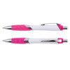 A plastic pen featuring a sleek white body with pink accents and a chrome clip, designed for writing.