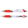 A plastic pen featuring a white body with orange accents and chrome detailing.