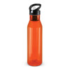 A drink bottle in a translucent orange color with a black lid and flip-top spout.