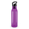 A drink bottle in a translucent purple color with a black cap and a flip-top lid.